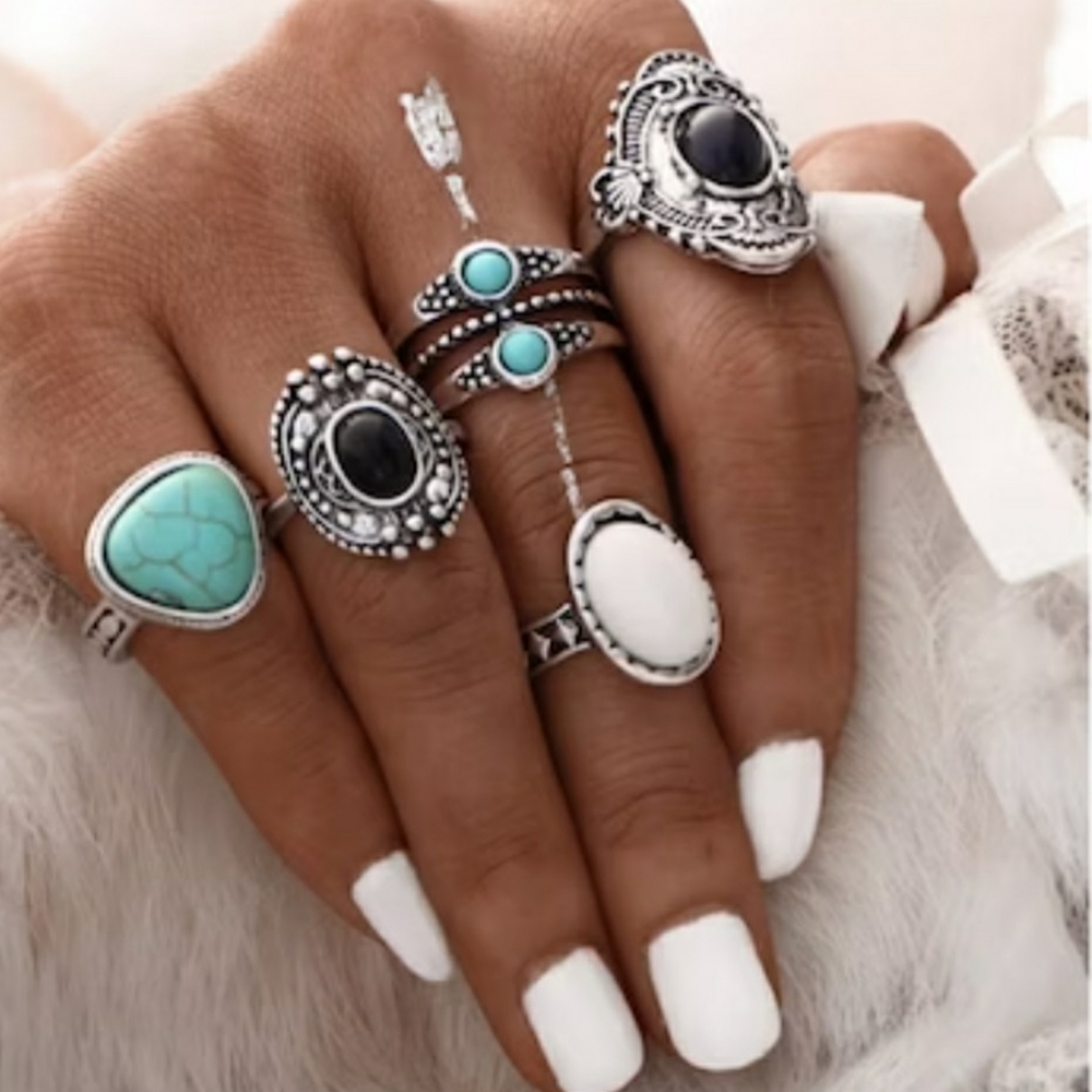 NEW 5-Pc Boho Tibetin Silver Turquoise and Black Ring Set